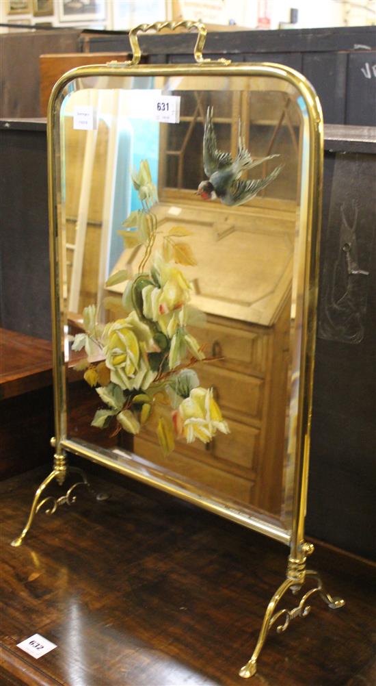 Victorian brass framed painted mirrored fire screen